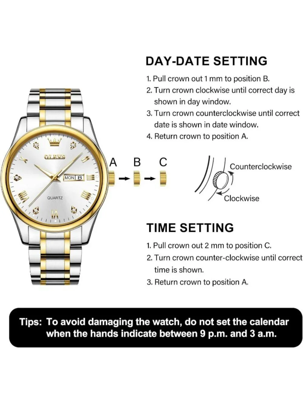 Olevs Men's Silver Gold Luxury Stainless Steel Big Analog Quartz Luminous Watch